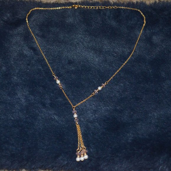 Vintage 3 Gold Chains w/ Pink Faceted Beads & Faux Pearls Chained Necklace - Picture 1 of 4